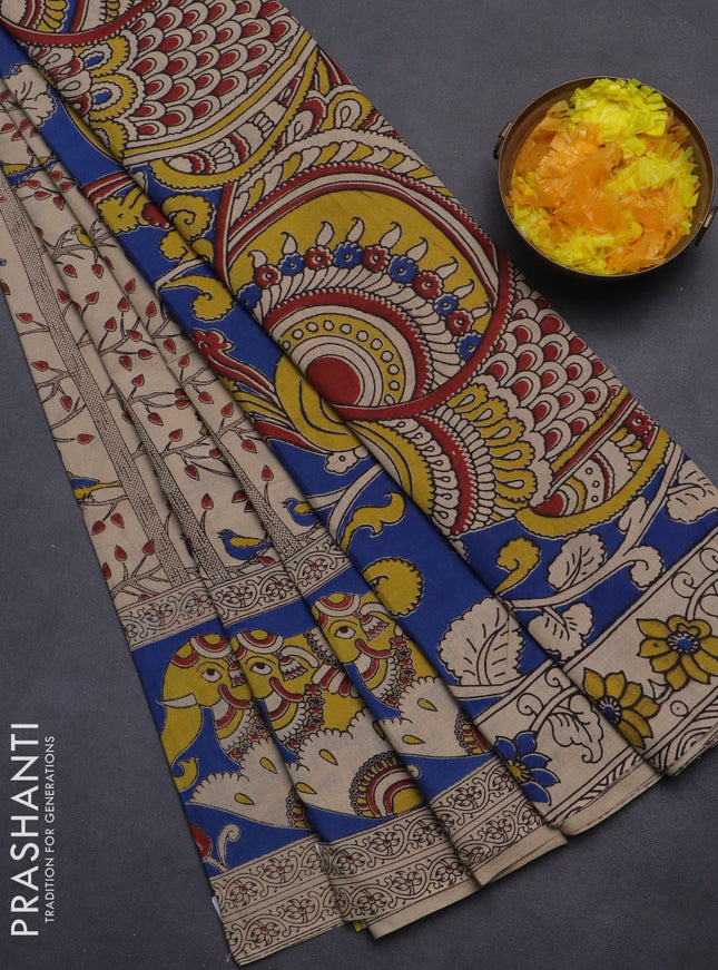 Kalamkari cotton saree beige and blue with allover prints and printed border