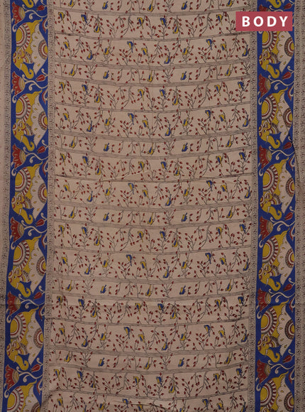 Kalamkari cotton saree beige and blue with allover prints and printed border
