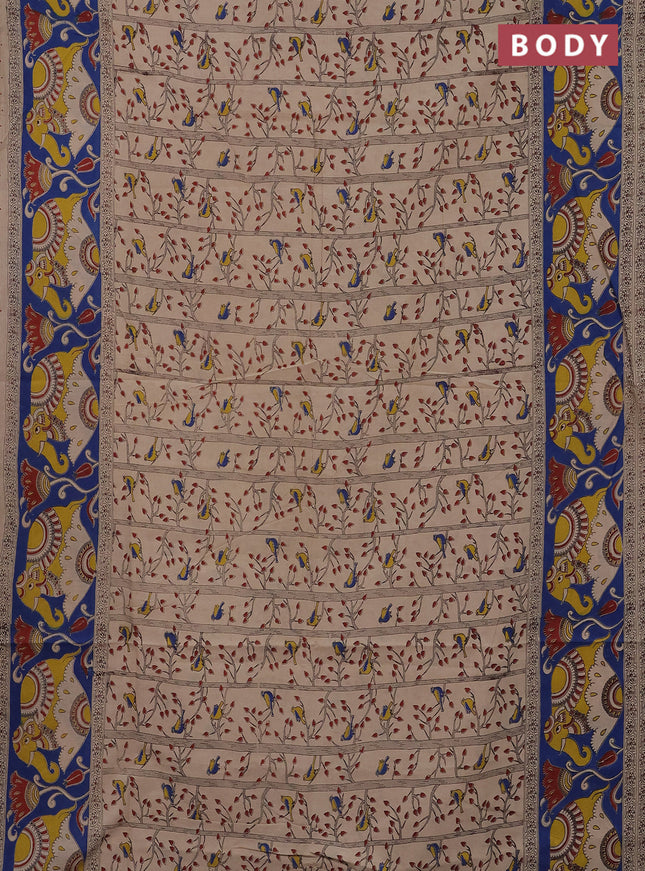 Kalamkari cotton saree beige and blue with allover prints and printed border