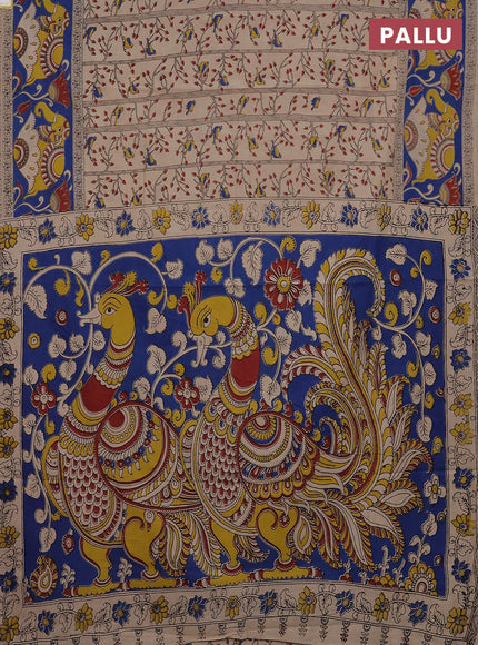 Kalamkari cotton saree beige and blue with allover prints and printed border