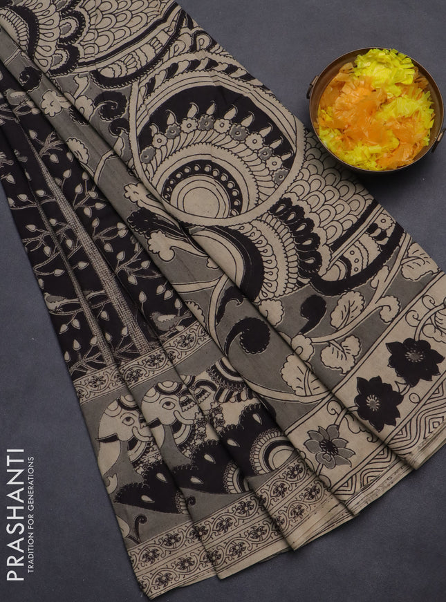 Kalamkari cotton saree black and grey with allover prints and printed border