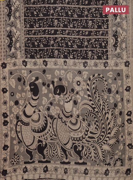Kalamkari cotton saree black and grey with allover prints and printed border