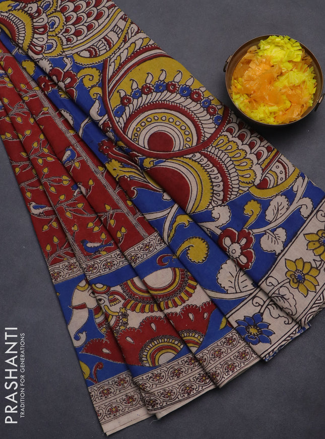 Kalamkari cotton saree red and cs blue with allover prints and printed border