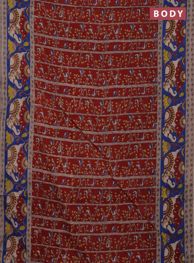 Kalamkari cotton saree red and cs blue with allover prints and printed border