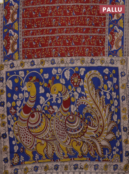Kalamkari cotton saree red and cs blue with allover prints and printed border