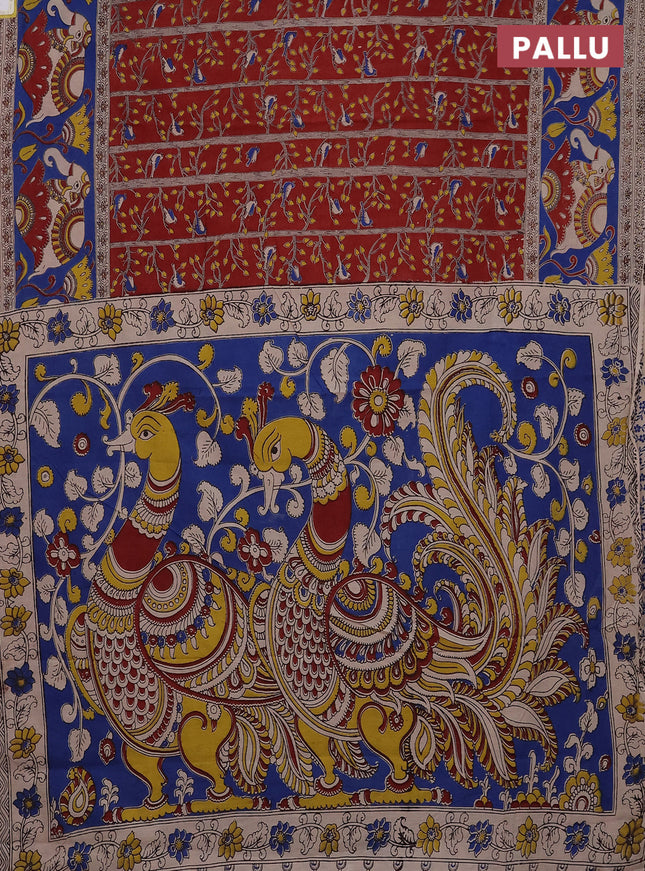 Kalamkari cotton saree red and cs blue with allover prints and printed border