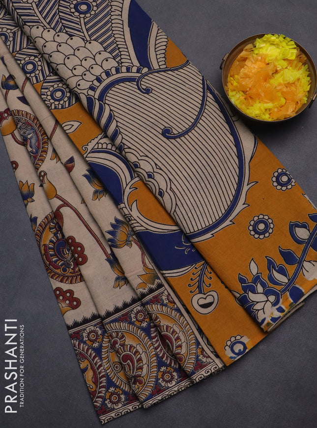 Kalamkari cotton saree beige and blue with allover prints and printed border