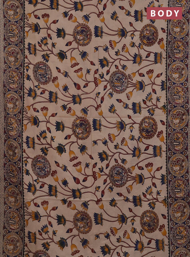 Kalamkari cotton saree beige and blue with allover prints and printed border