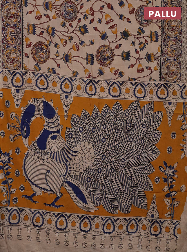Kalamkari cotton saree beige and blue with allover prints and printed border