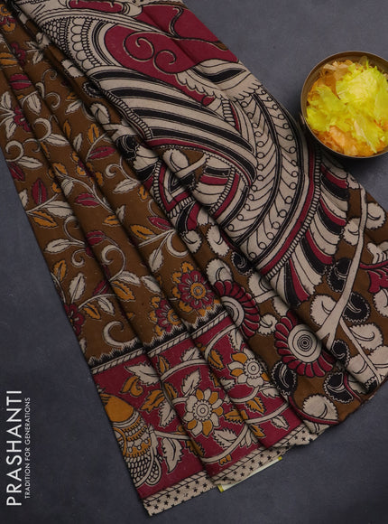 Kalamkari cotton saree dark mustard and dark pink with allover prints and printed border