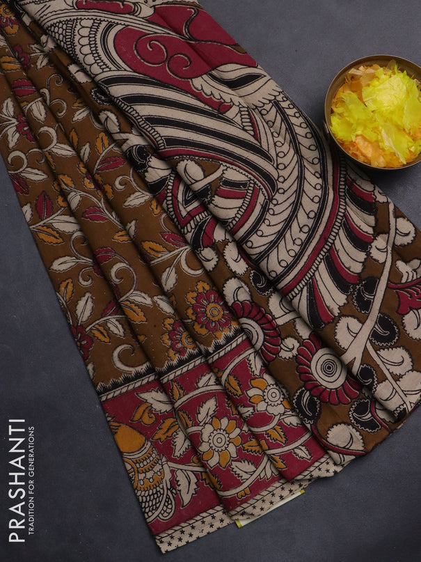 Kalamkari cotton saree dark mustard and dark pink with allover prints and printed border