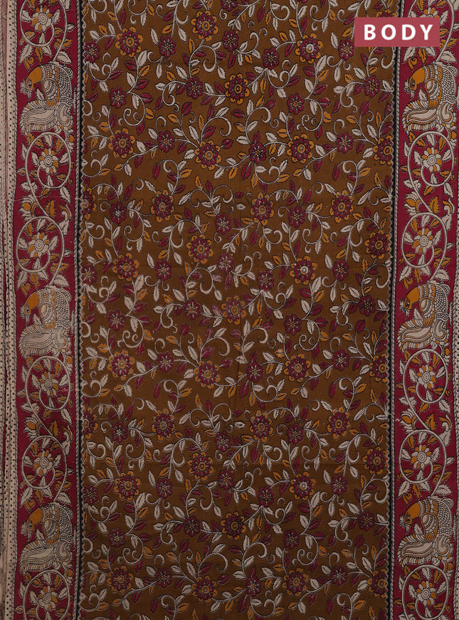 Kalamkari cotton saree dark mustard and dark pink with allover prints and printed border