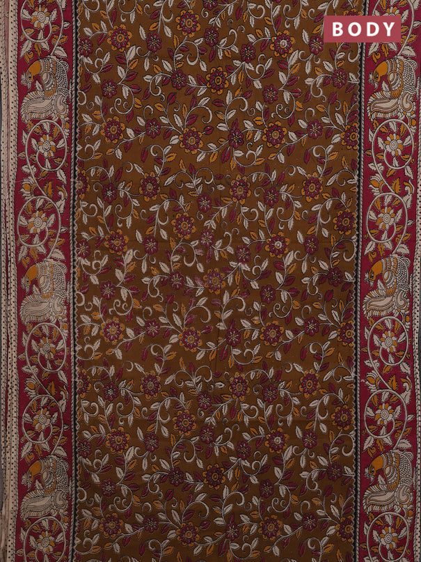 Kalamkari cotton saree dark mustard and dark pink with allover prints and printed border