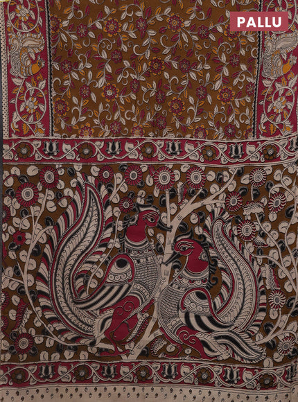 Kalamkari cotton saree dark mustard and dark pink with allover prints and printed border