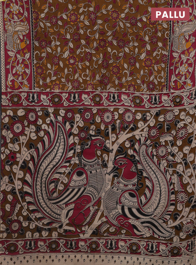 Kalamkari cotton saree dark mustard and dark pink with allover prints and printed border