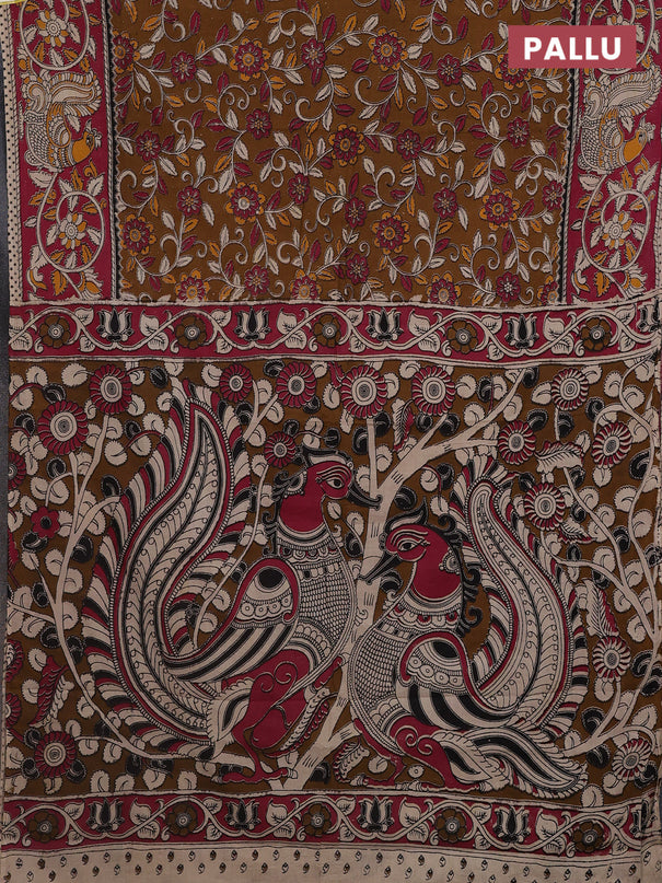 Kalamkari cotton saree dark mustard and dark pink with allover prints and printed border