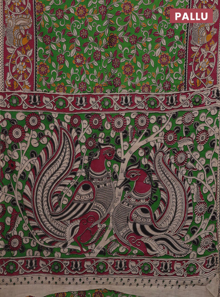 Kalamkari cotton saree light green and pink with allover prints and printed border