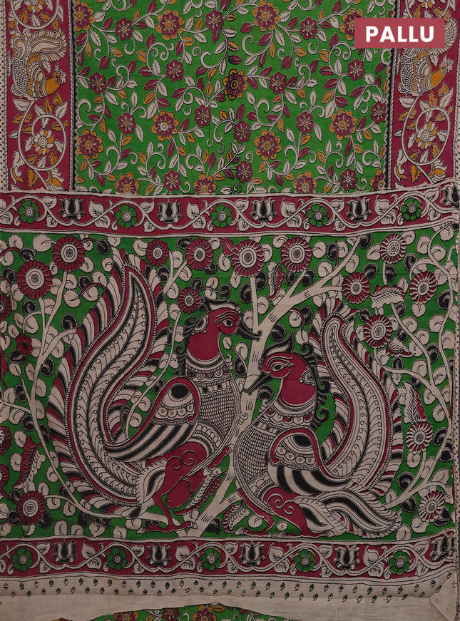 Kalamkari cotton saree light green and pink with allover prints and printed border
