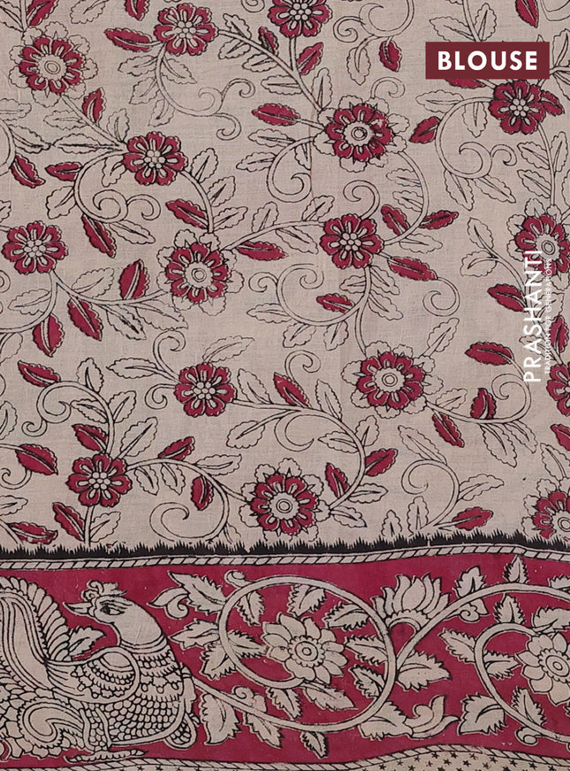 Kalamkari cotton saree light green and pink with allover prints and printed border