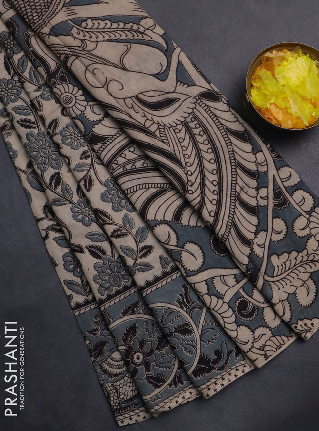Kalamkari cotton saree beige and grey with allover prints and printed border