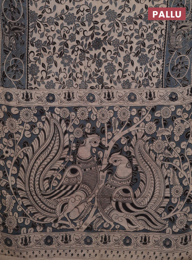 Kalamkari cotton saree beige and grey with allover prints and printed border