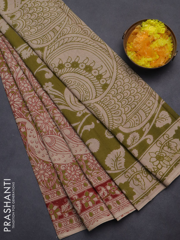 Kalamkari cotton saree mehendi green and red with allover prints and printed border