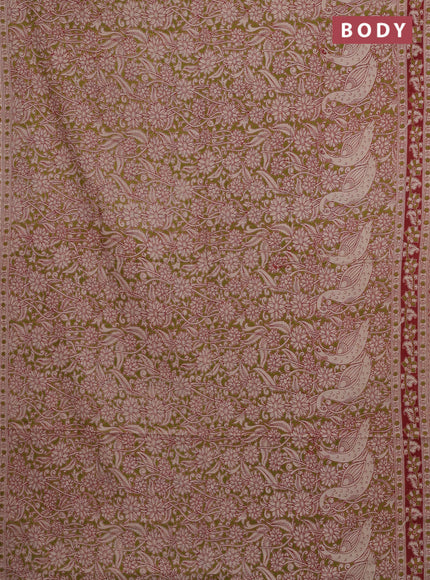 Kalamkari cotton saree mehendi green and red with allover prints and printed border