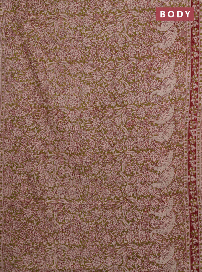 Kalamkari cotton saree mehendi green and red with allover prints and printed border
