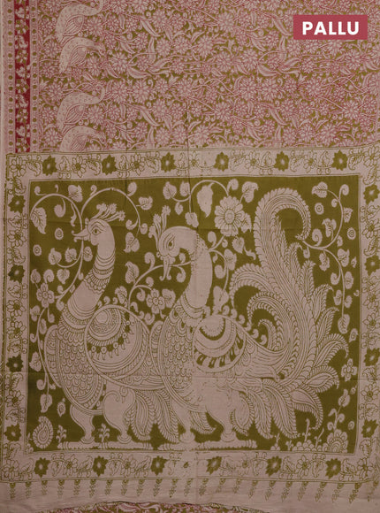 Kalamkari cotton saree mehendi green and red with allover prints and printed border