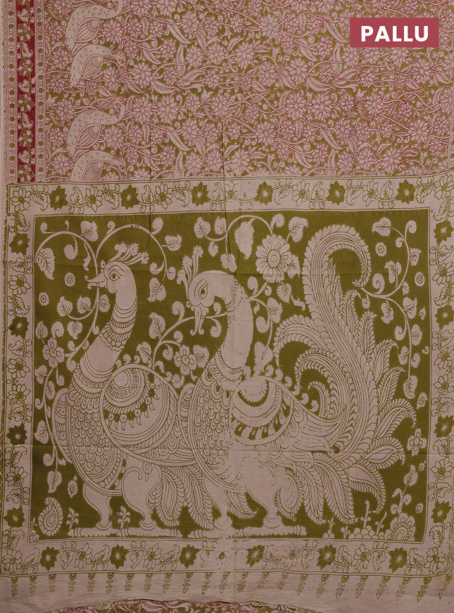 Kalamkari cotton saree mehendi green and red with allover prints and printed border