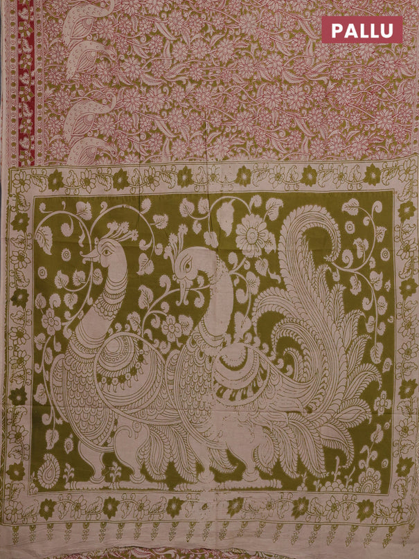 Kalamkari cotton saree mehendi green and red with allover prints and printed border