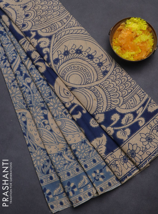 Kalamkari cotton saree peacock blue and beige with allover prints and printed border