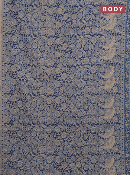 Kalamkari cotton saree peacock blue and beige with allover prints and printed border