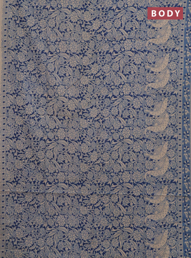 Kalamkari cotton saree peacock blue and beige with allover prints and printed border