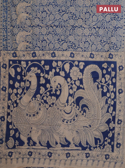Kalamkari cotton saree peacock blue and beige with allover prints and printed border