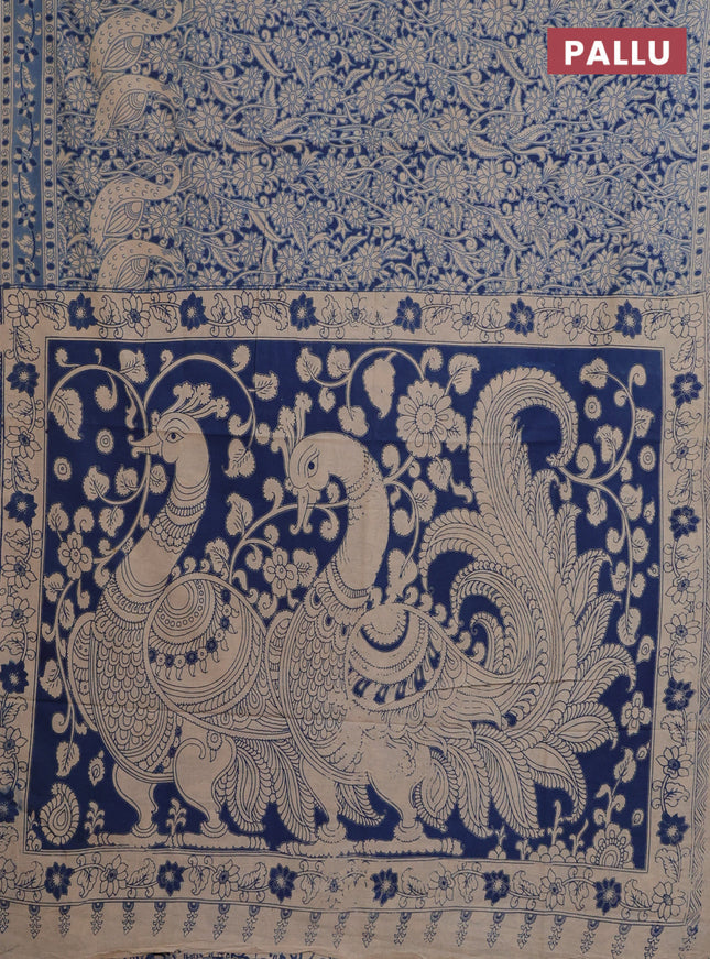 Kalamkari cotton saree peacock blue and beige with allover prints and printed border