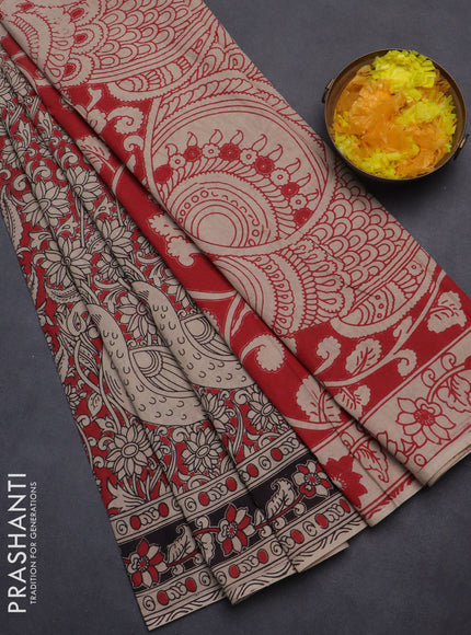Kalamkari cotton saree red and beige with allover prints and printed border