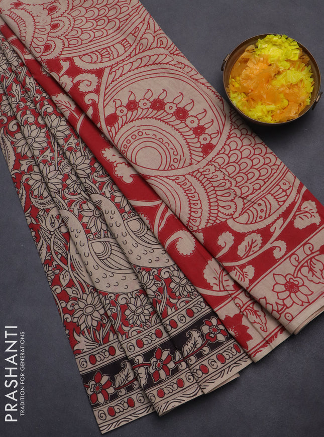 Kalamkari cotton saree red and beige with allover prints and printed border