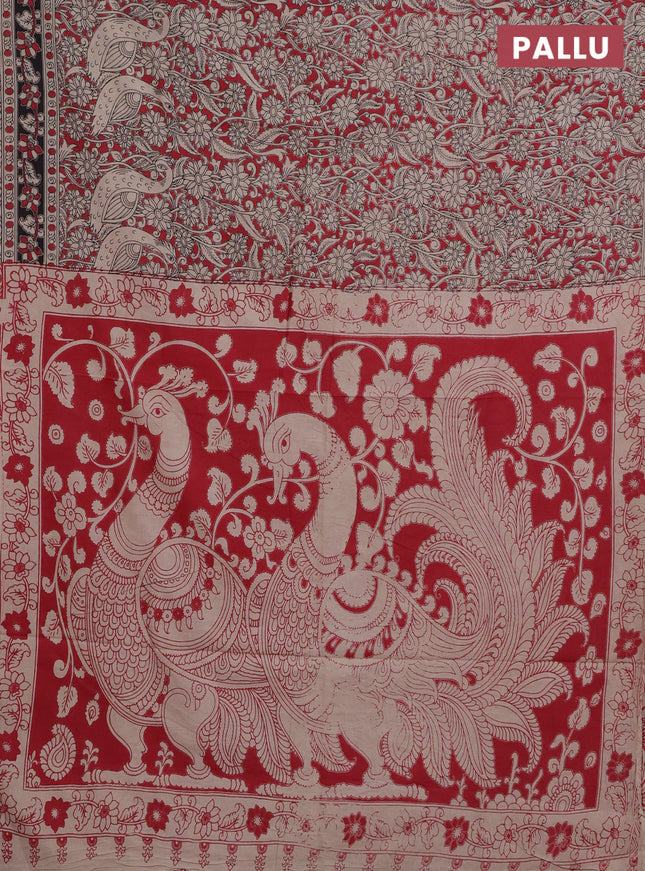 Kalamkari cotton saree red and beige with allover prints and printed border