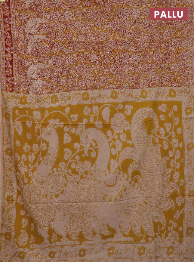 Kalamkari cotton saree mustard yellow and red with allover prints and printed border