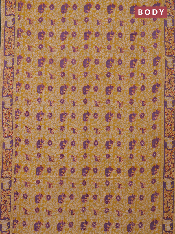 Kalamkari cotton saree mustard yellow and violet with allover prints and printed border