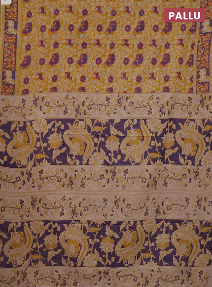 Kalamkari cotton saree mustard yellow and violet with allover prints and printed border
