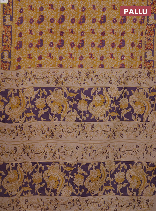 Kalamkari cotton saree mustard yellow and violet with allover prints and printed border