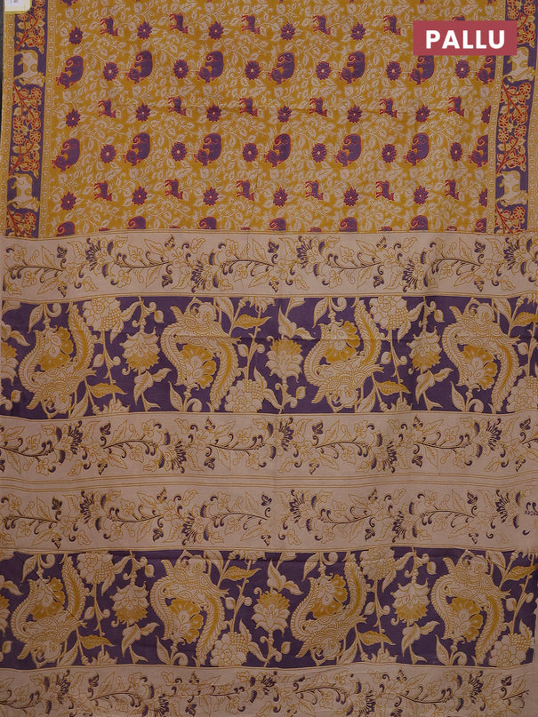 Kalamkari cotton saree mustard yellow and violet with allover prints and printed border