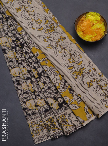 Kalamkari cotton saree black and beige with allover prints and printed border