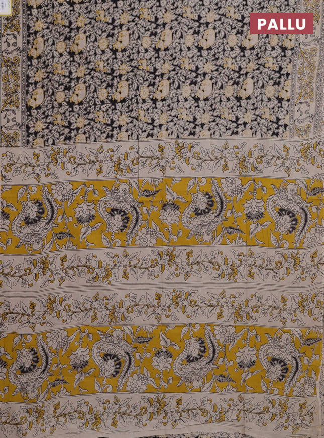 Kalamkari cotton saree black and beige with allover prints and printed border