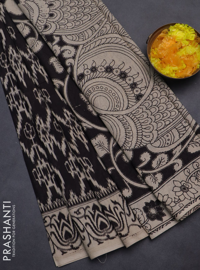 Kalamkari cotton saree black and beige with allover ikat prints and printed border