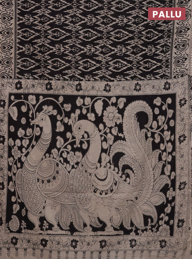 Kalamkari cotton saree black and beige with allover ikat prints and printed border