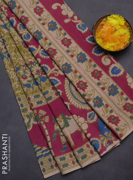 Kalamkari cotton saree mehendi green and pink with allover prints and printed border