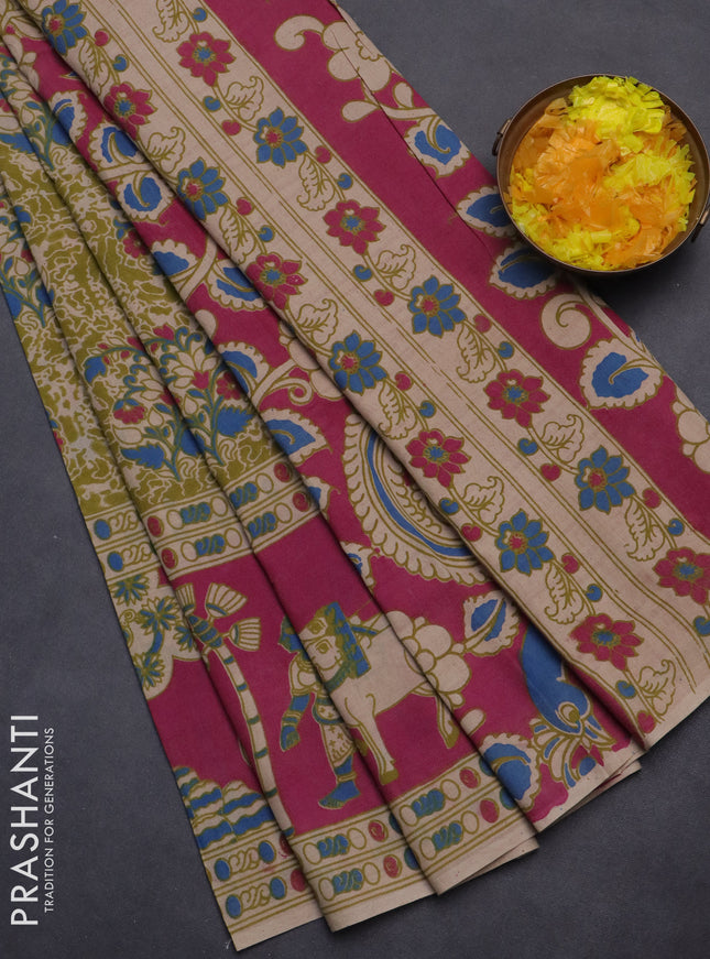 Kalamkari cotton saree mehendi green and pink with allover prints and printed border